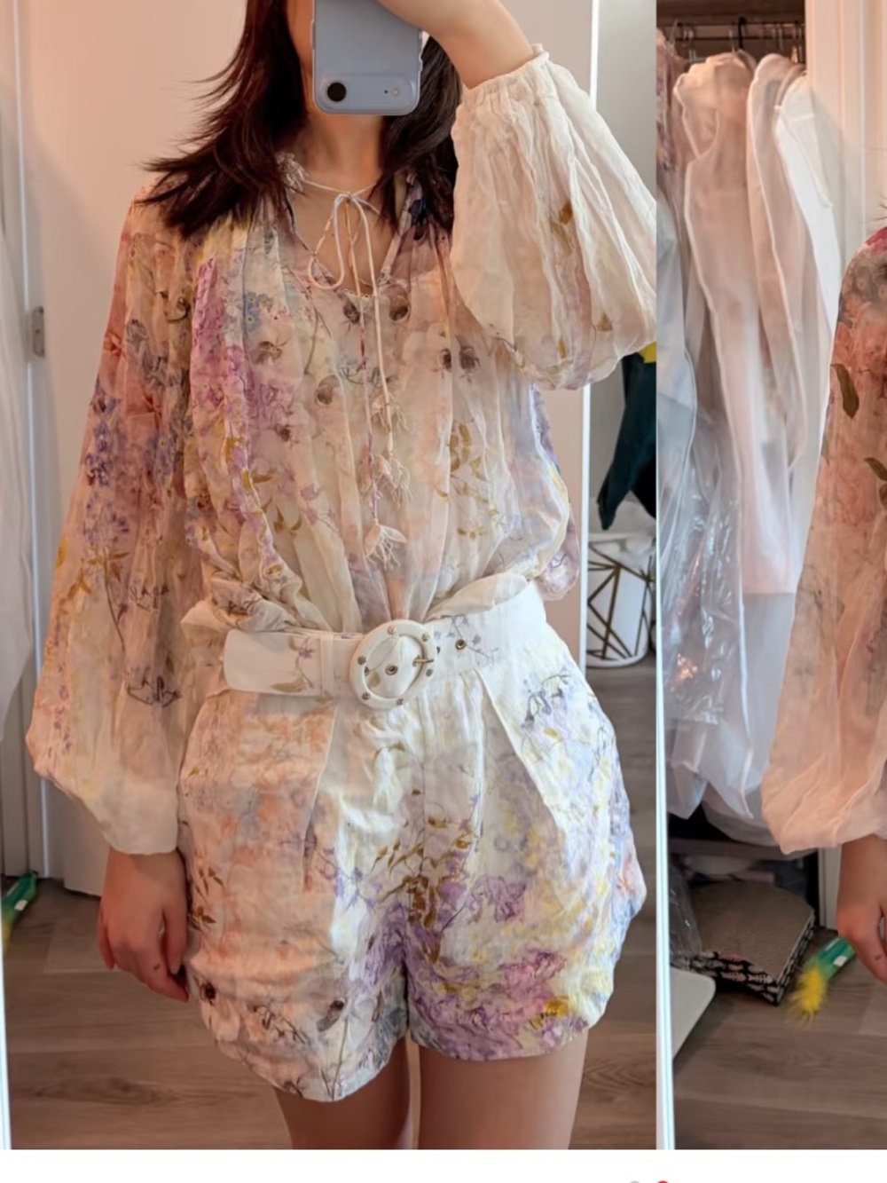 Zimmermann Cream Floral Tie-Neck Romper with Pastel Accents